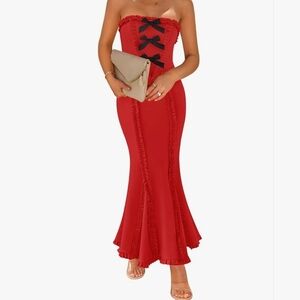 ZESICA Strapless Red Maxi Dress with Black Accents #976